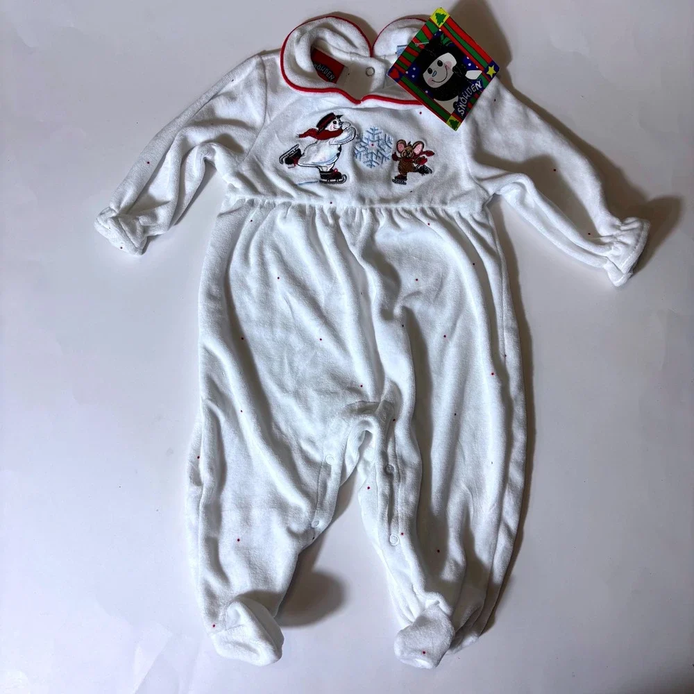 Snowden Vintage‎ Infant 6M Snowman Romper Soft Polka Dot Collar Winter Mouse NEW